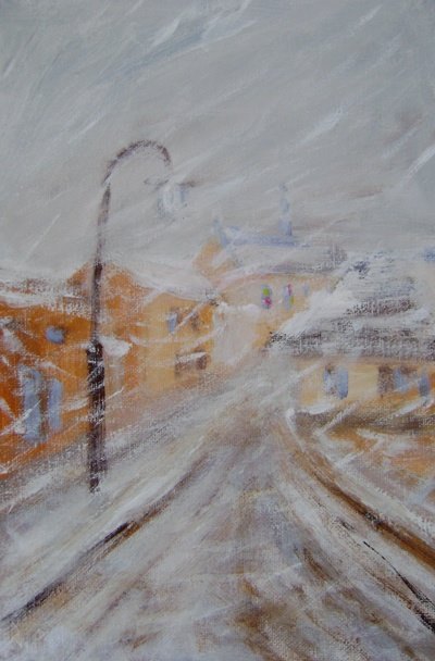 Kolbuszowa, zima na ulicy Mickiewicza, akryl 20 x 30